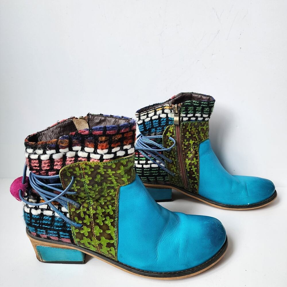 Socofy Boho Ankle Boots Retro Embellished Turquoise Womens Size 39 EU 8.5-9 US